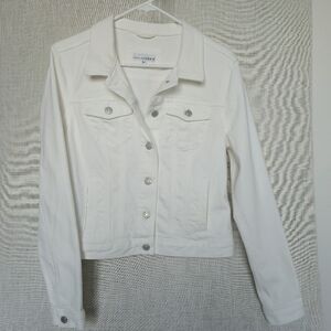 LOFT Denim Trucker Long Sleeve White Jacket w Back Hem Button Tabs Women Size M